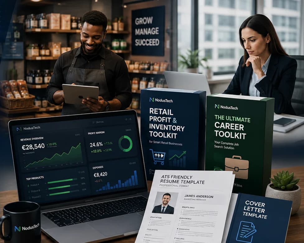 A retail owner and a business professional using NodusTech dashboards, plus NodusTech CV, cover letter and toolkit products